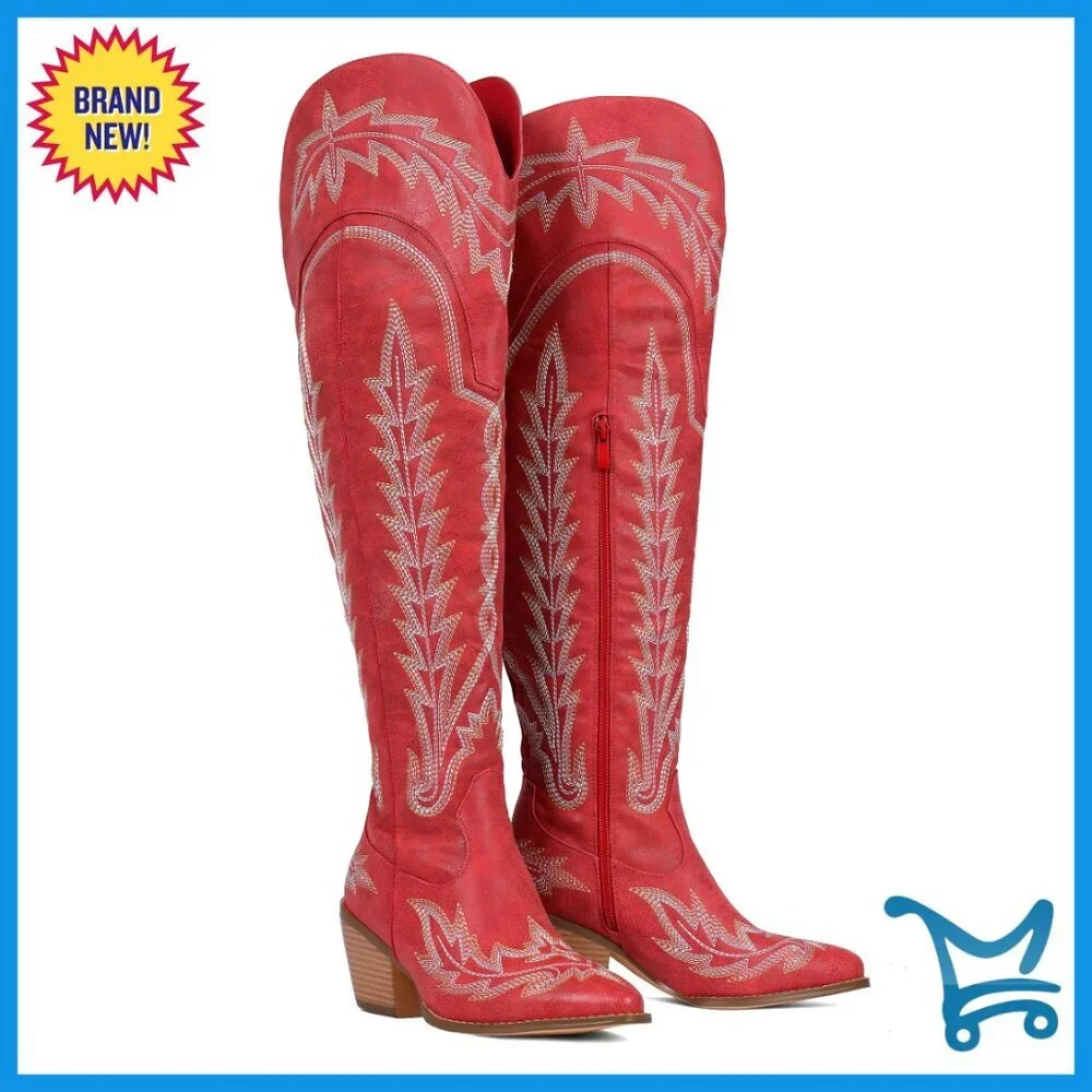 Thigh High Cowboy Boots Pointed Toe Chunky Heel Side Zip Western